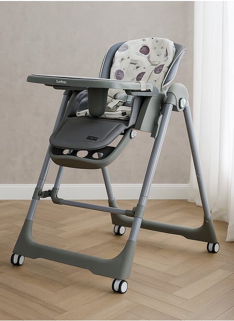 Burbay high chair for children with five height levels, can be used as a swing, double food tray, movable wheels, foldable, and has a movable footrest grey- DM133