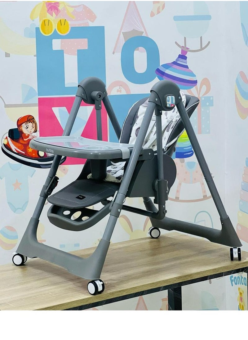 Burbay high chair for children with five height levels, can be used as a swing, double food tray, movable wheels, foldable, and has a movable footrest grey- DM133