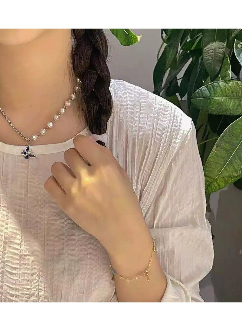 Goolsky Pearl Chain Patchwork Necklace with Butterfly Pendant – Sweet & Edgy Statement Collarbone Chain for Women  - Image 2