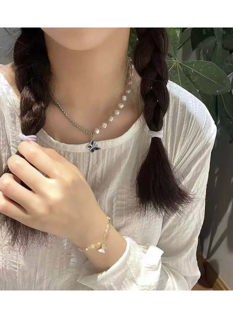 Goolsky Pearl Chain Patchwork Necklace with Butterfly Pendant – Sweet & Edgy Statement Collarbone Chain for Women  - Image 3