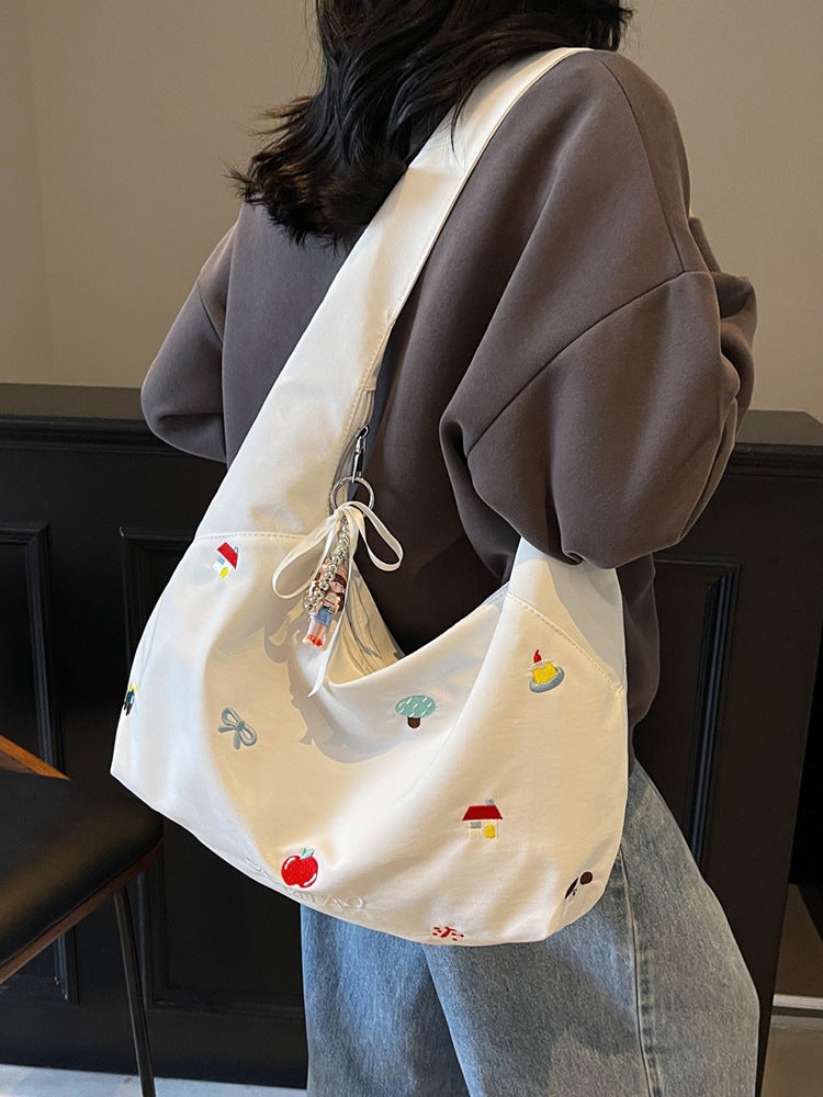 Large-Capacity Class Canvas Bag For Women, Summer Literary Commuting Zipper Bag, Crossbody Bag, Versatile Embroidered Denim Tote Bag - Image 5