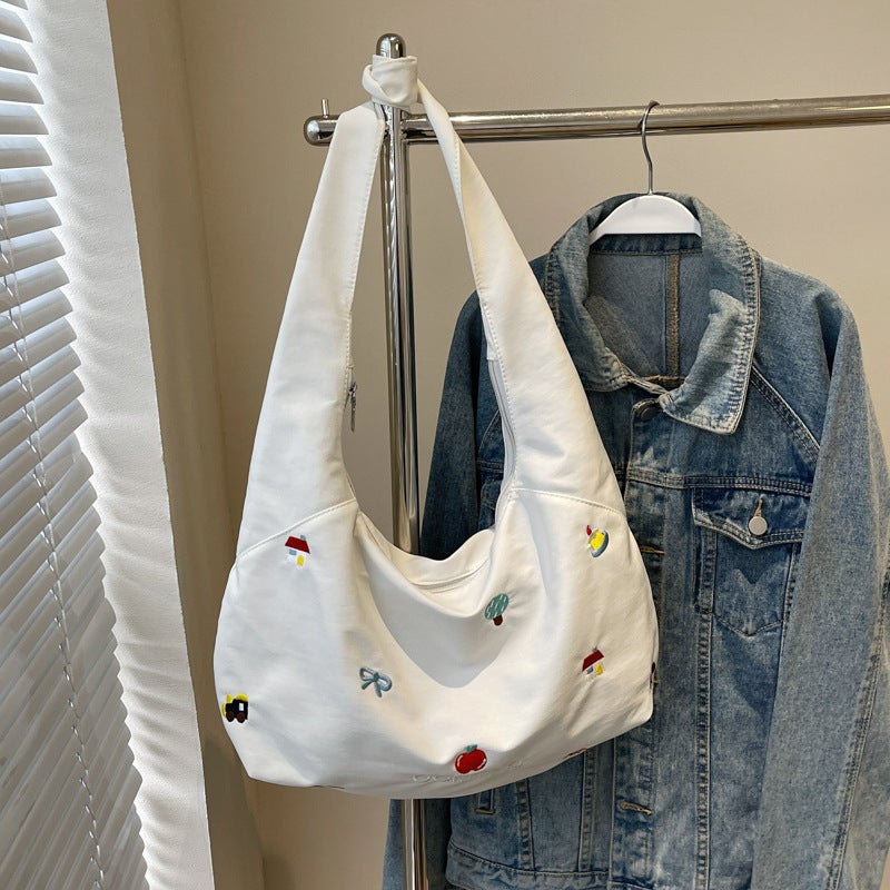 Large-Capacity Class Canvas Bag For Women, Summer Literary Commuting Zipper Bag, Crossbody Bag, Versatile Embroidered Denim Tote Bag - Image 1