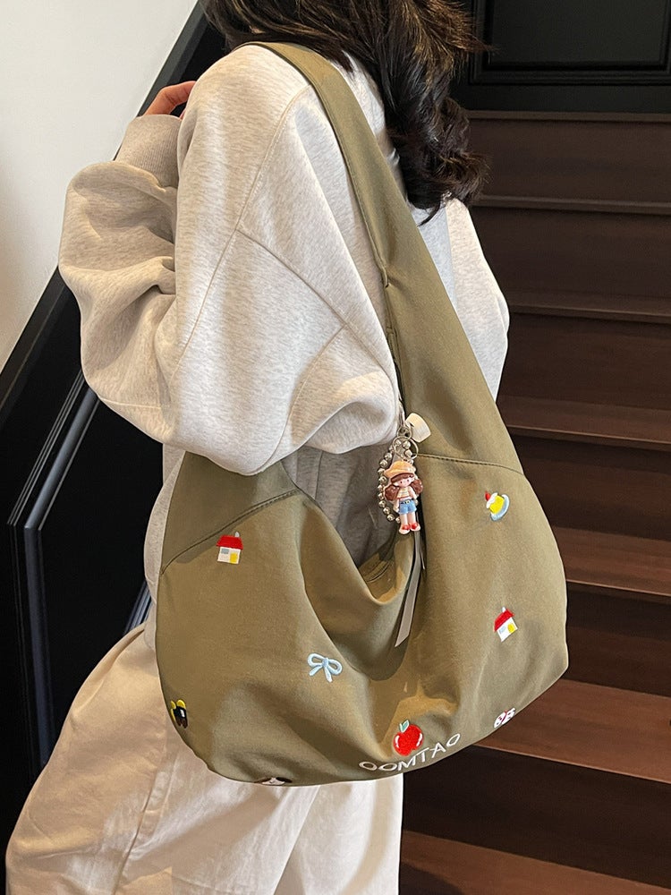 Large-Capacity Class Canvas Bag For Women, Summer Literary Commuting Zipper Bag, Crossbody Bag, Versatile Embroidered Denim Tote Bag - Image 4