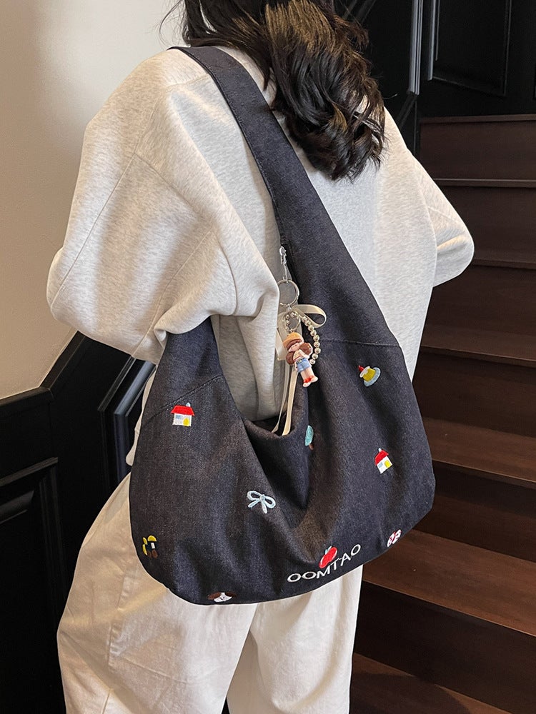 Large-Capacity Class Canvas Bag For Women, Summer Literary Commuting Zipper Bag, Crossbody Bag, Versatile Embroidered Denim Tote Bag - Image 2