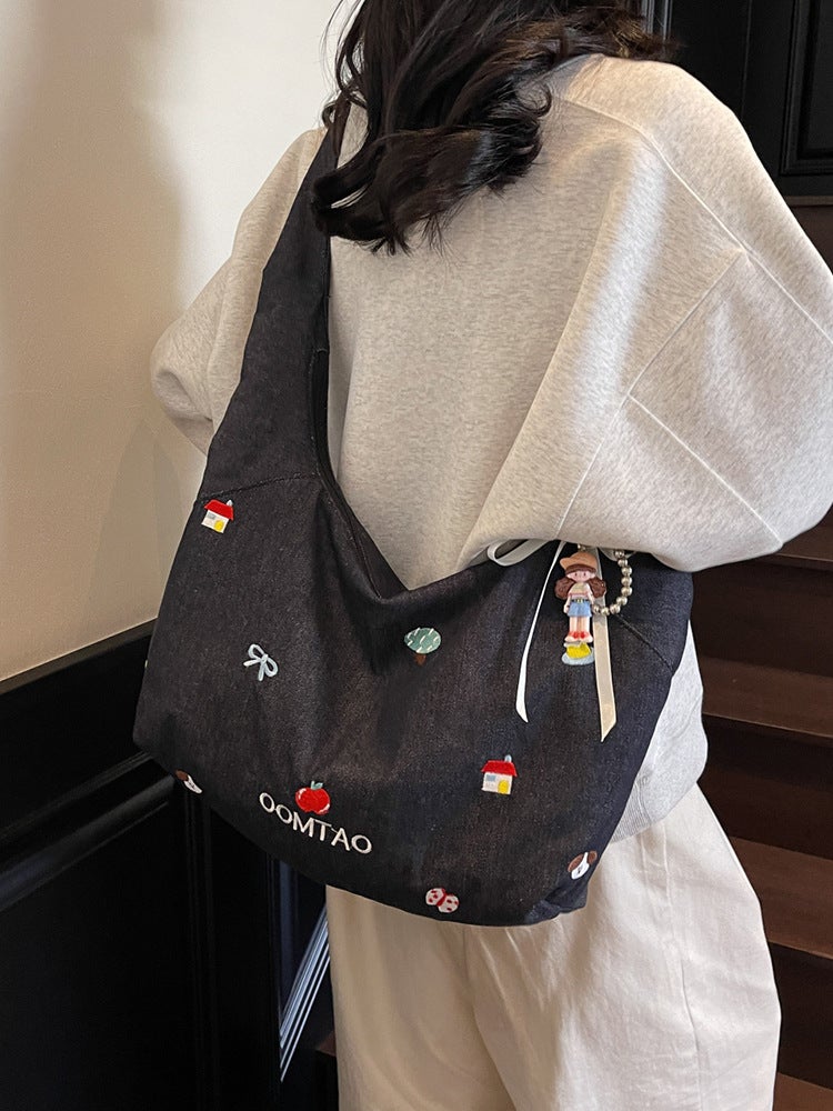 Large-Capacity Class Canvas Bag For Women, Summer Literary Commuting Zipper Bag, Crossbody Bag, Versatile Embroidered Denim Tote Bag - Image 3