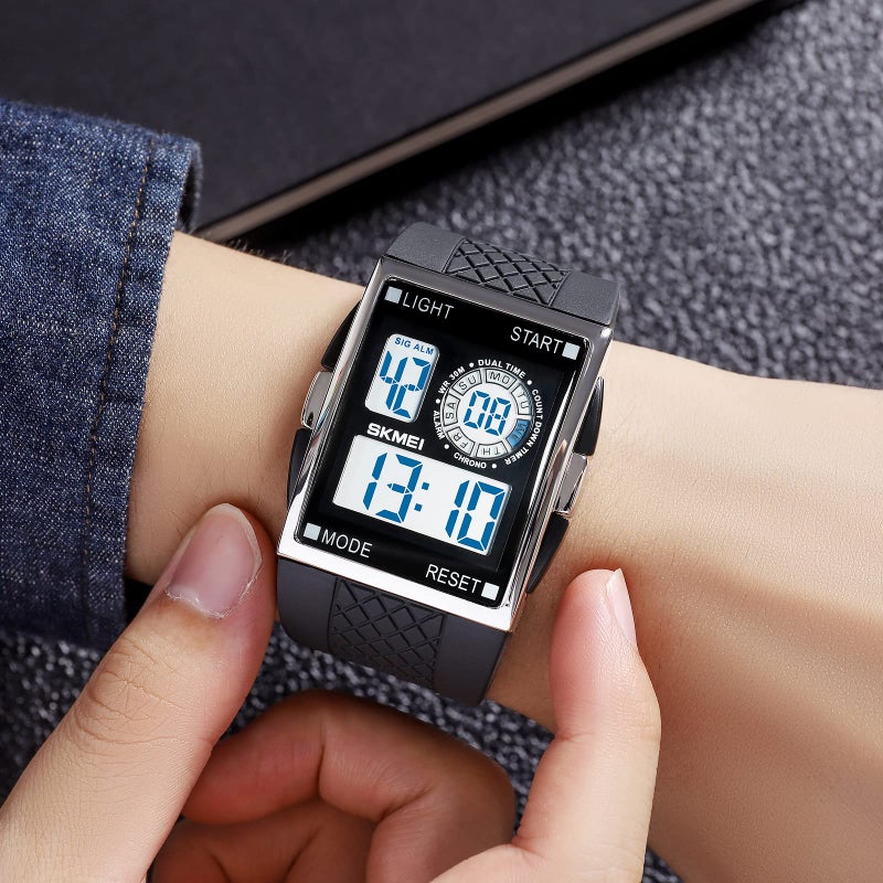 FANMIS Men's Rectangle Dial Sports Wrist Watches Blue LED Backlight Multifunctional Alarm Stopwatch 12/24H Rubber Strap Watch (P Silver) - Image 3