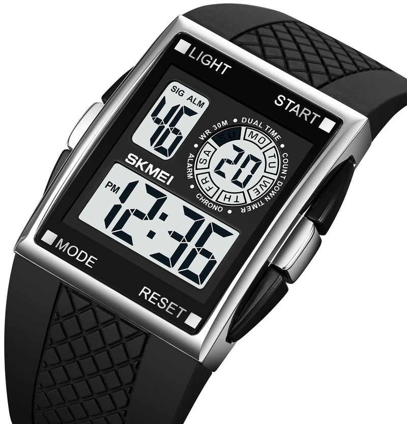 FANMIS Men's Rectangle Dial Sports Wrist Watches Blue LED Backlight Multifunctional Alarm Stopwatch 12/24H Rubber Strap Watch (P Silver) - Image 2