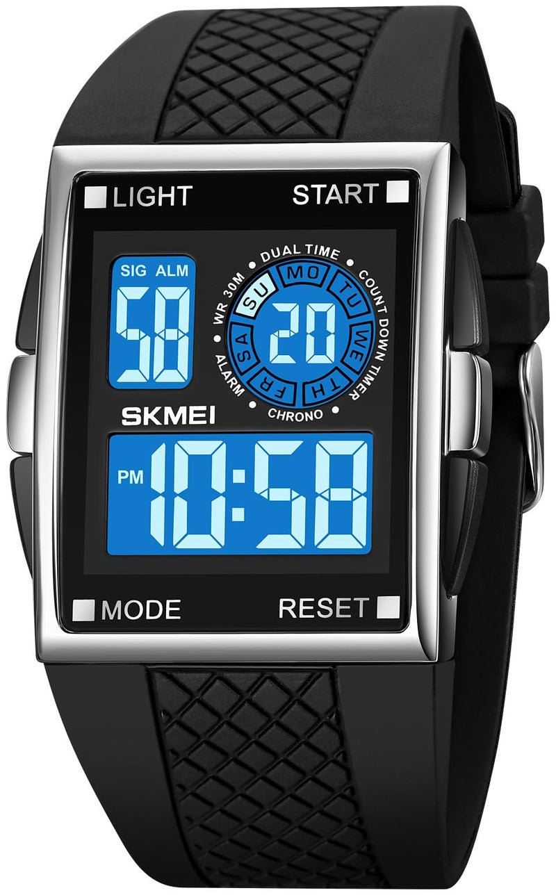 FANMIS Men's Rectangle Dial Sports Wrist Watches Blue LED Backlight Multifunctional Alarm Stopwatch 12/24H Rubber Strap Watch (P Silver) - Image 1