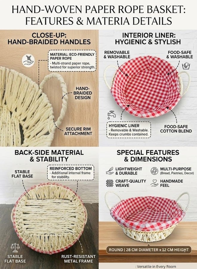 HomeFast Hand-Woven Paper Rope Basket with Removable Washable Liner – Multipurpose Round Storage Organizer for Kitchen, Dining, Fruits,Home Decor,Breathable, Open-Weave Design (25 x 25 x 8.5 CM) (Red) - Image 3