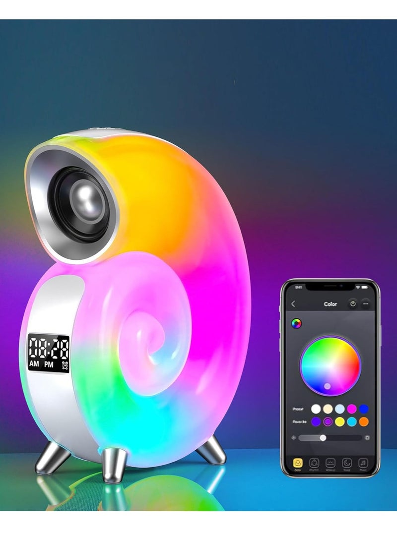 مكبر صوت بلوتوث مع أضواء LED للشحن وساعة منبه بلوتوث ومكبر صوت وإضاءة بجانب السرير لغرفة النوم والمكتب باللون الأبيض - Image 1