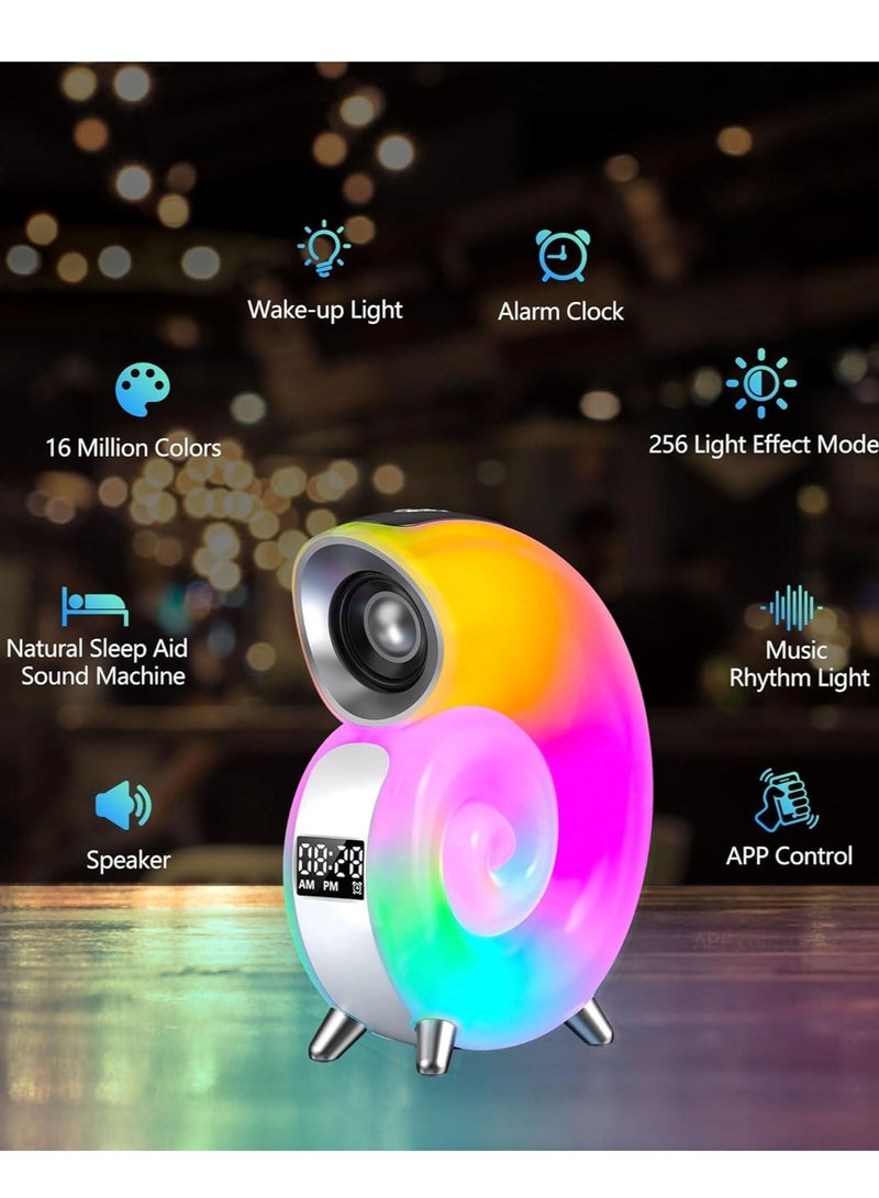 مكبر صوت بلوتوث مع أضواء LED للشحن وساعة منبه بلوتوث ومكبر صوت وإضاءة بجانب السرير لغرفة النوم والمكتب باللون الأبيض - Image 2