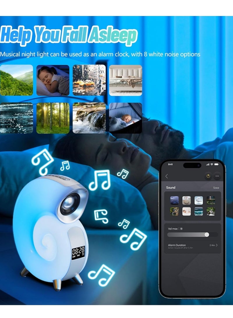 مكبر صوت بلوتوث مع أضواء LED للشحن وساعة منبه بلوتوث ومكبر صوت وإضاءة بجانب السرير لغرفة النوم والمكتب باللون الأبيض - Image 4