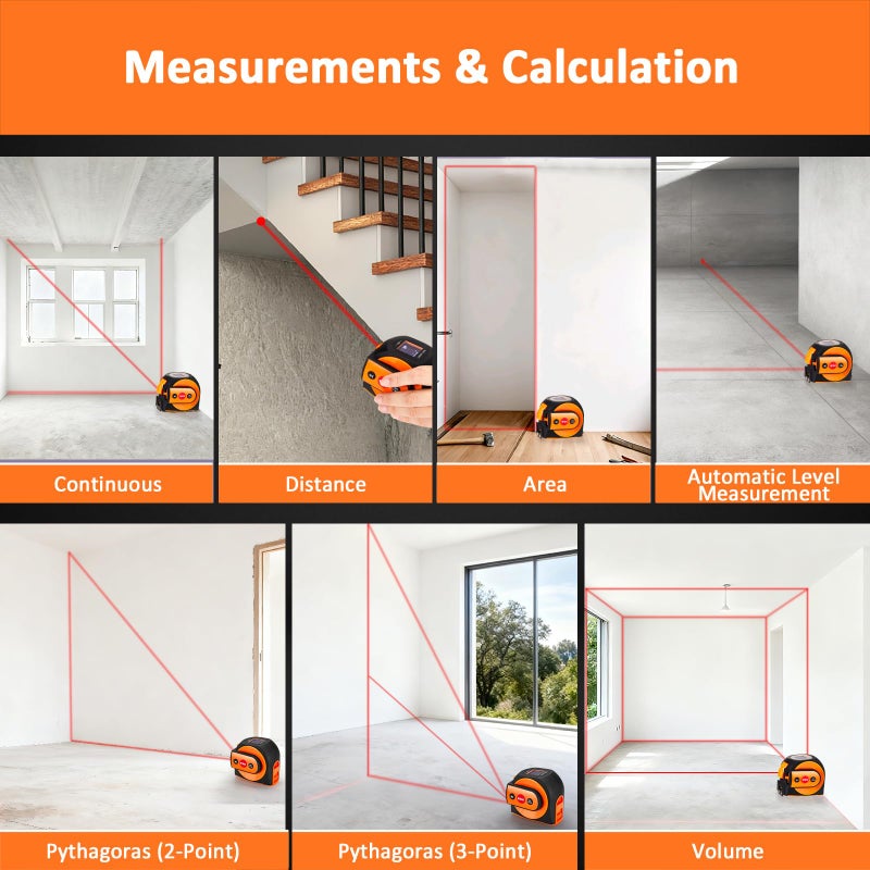 DepthX 3-in-1 Laser Tape Measure, 197ft Laser Distance Meter, 16ft Digital Tape Measure, Digital Level, Pythagorean/Area/Volume, Rechargeable, Ft/Ft+in/in/M Units, 40 Data Sets - Image 4
