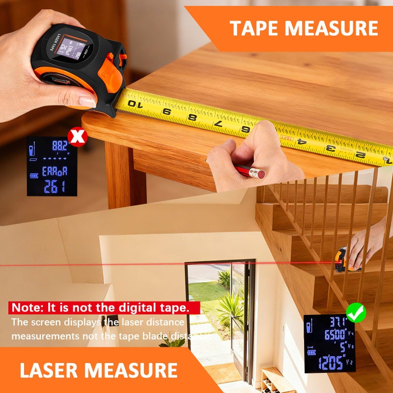 DepthX 3-in-1 Laser Tape Measure, 197ft Laser Distance Meter, 16ft Digital Tape Measure, Digital Level, Pythagorean/Area/Volume, Rechargeable, Ft/Ft+in/in/M Units, 40 Data Sets - Image 3