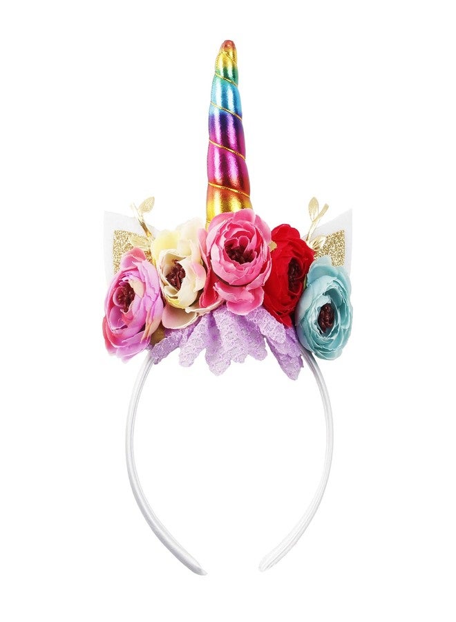 Nishine Girls Glitter Unicorn Horn Headband Camellia Pony Head Band Flower Hair Band Tiara for Party Birthday Gift (Rainbow) - Image 1