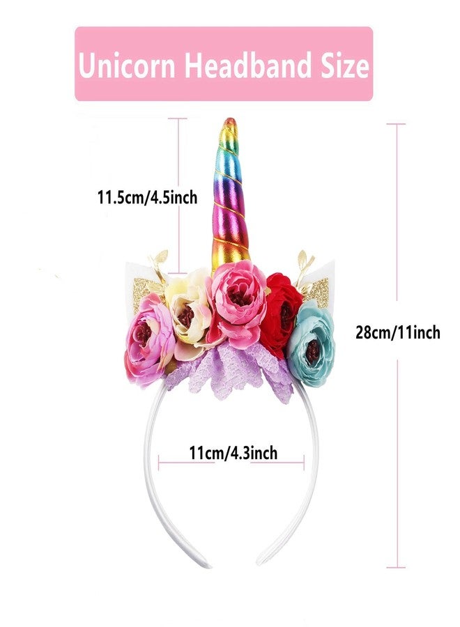 Nishine Girls Glitter Unicorn Horn Headband Camellia Pony Head Band Flower Hair Band Tiara for Party Birthday Gift (Rainbow) - Image 2