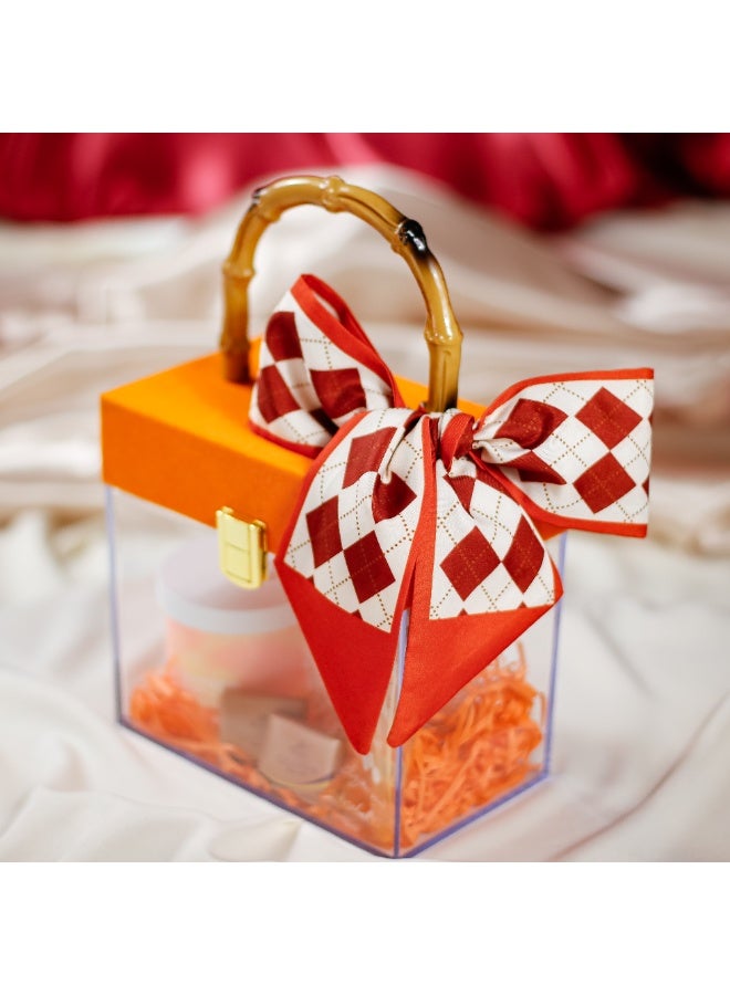 Style Clear Acrylic Velvet Cover Wedding Favors Candy Box Bridesmaid Transparent Candle Cosmetic Gift Packaging Box with Bamboo Handle - Only Box- Orange- 17*10*16cm - Image 2