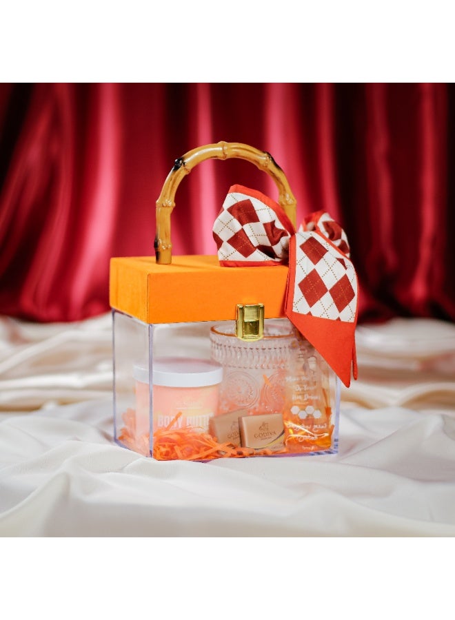 Style Clear Acrylic Velvet Cover Wedding Favors Candy Box Bridesmaid Transparent Candle Cosmetic Gift Packaging Box with Bamboo Handle - Only Box- Orange- 17*10*16cm - Image 1