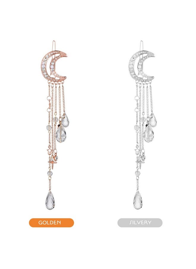Beaupretty Beaupretty 4Pcs Moon Star hair clips Rhinestone Barrettes with Beads Tassel Hair charms Jewelry for Women Girl Silver Golden  - Image 4
