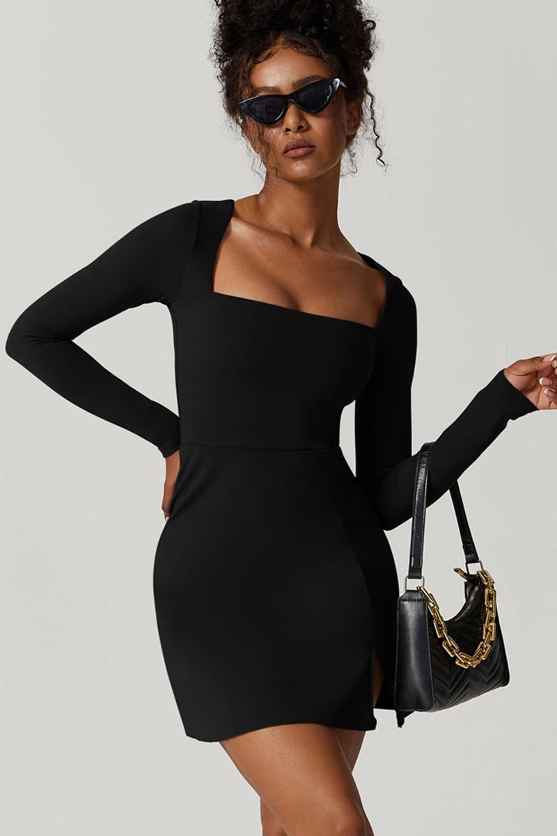 QINSEN Woman's Solid Black Mini Dress Long Sleeve Square Neck Stretch Flare Dresses M - Image 5