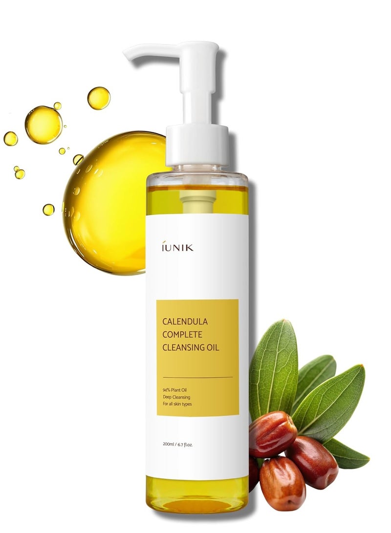 iUNIK Ionic Complete Cleansing Oil with Calendula Extract Lightweight oil helps soothe skin and reduce blackheads and pores Pure plant oil with calendula provides powerful removal of dot makeup and sunscreen in one step while effectively caring for clean, smooth skin 200ml - Image 1