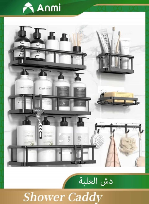 6 Pack Shower Caddy, Adhesive Bathroom Organizer, Large Capacity shower Organizer with Soap Holder and 12 Hooks, No Drilling, Black