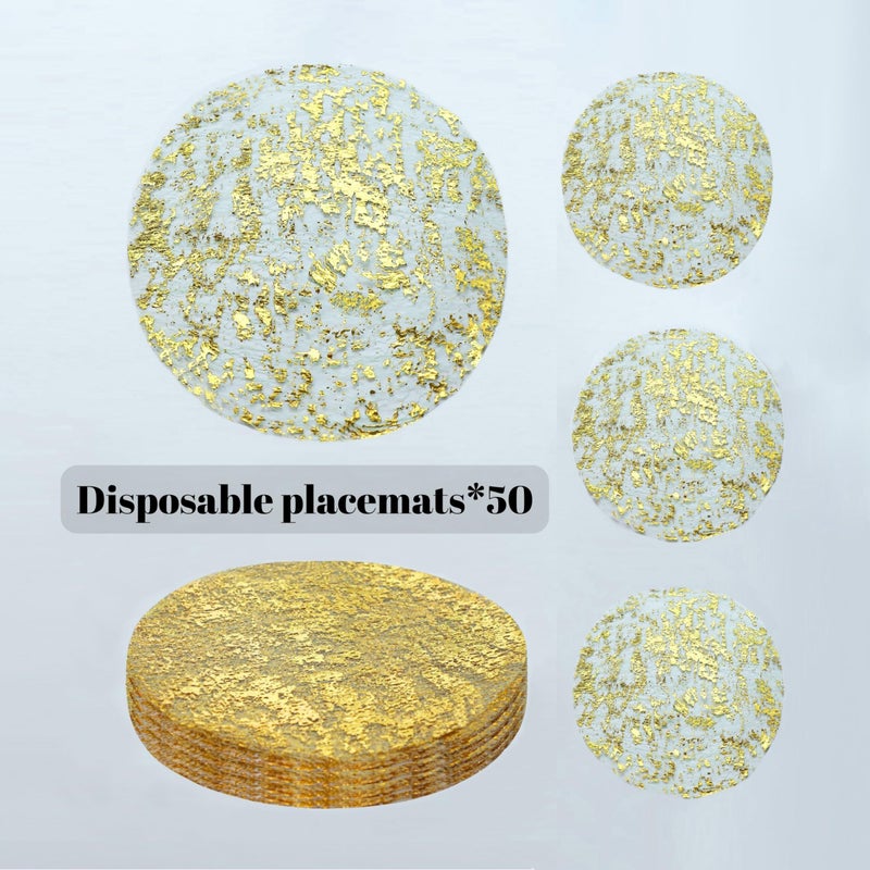 Snowkingdom Gold Placemats Set of 50 Round 13 Inch Foil Mesh Pressed Bulk Disposable Fall Table Mates 50 Pack Gold Doilies for Dining Table Wedding Birthday Party Holiday Home Decoration - Image 4