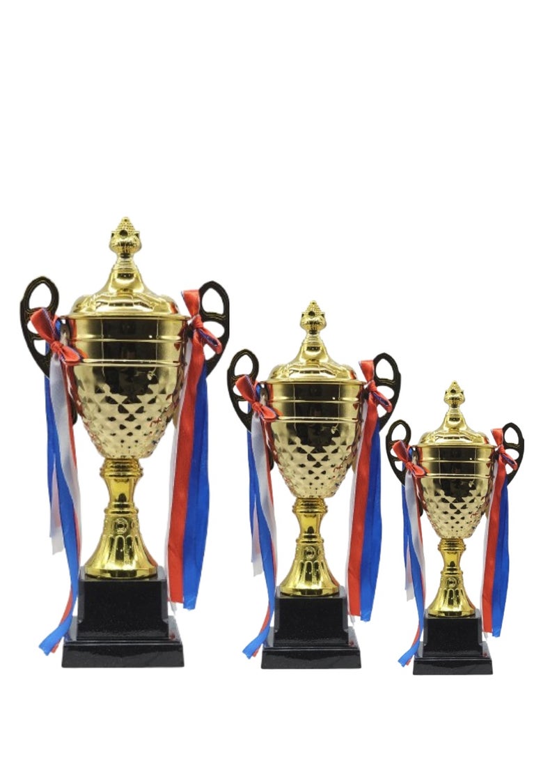 Spall Set of 3 Gold Iron Metal Trophy Cups – 35cm, 31cm, 28cm | Premium Awards for Sports Events, Championships, Football Leagues & Team Collaboration - Image 1
