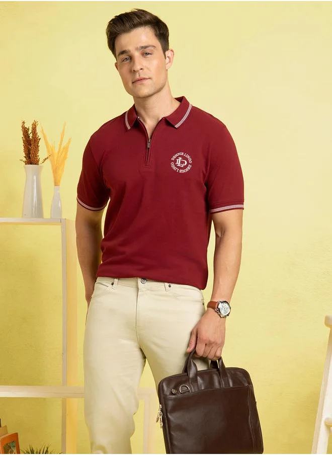 دينيس لينغو Cabernet Polo T-Shirt for Men with ribbed collar and satin fill embroidery, featuring a premium pique fabric and STD zipper for a stylish and comfortable fit.