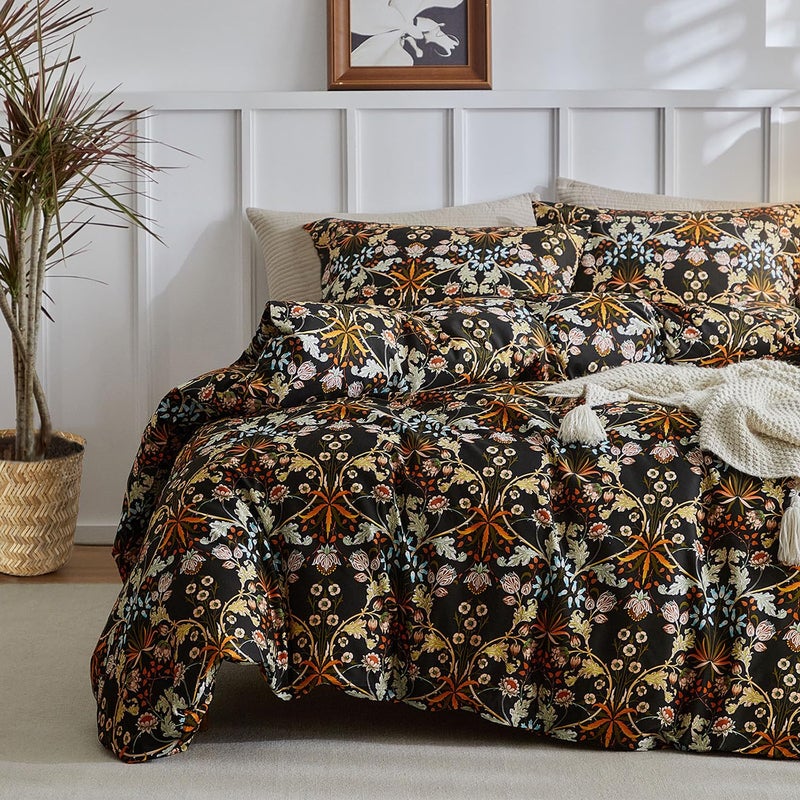 Mixinni Vintage Floral Comforter Set King  All Seasons Bohemian Bedding Set  3 Pieces Farmhouse Boho Shabby Chic Vibrant Colors Flowers Plants Comforter Set Perfect For Women And Men-King Size - Image 1