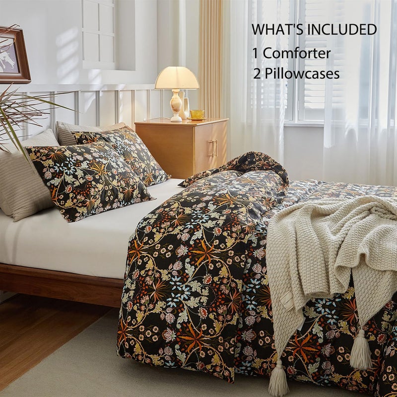 Mixinni Vintage Floral Comforter Set King  All Seasons Bohemian Bedding Set  3 Pieces Farmhouse Boho Shabby Chic Vibrant Colors Flowers Plants Comforter Set Perfect For Women And Men-King Size - Image 2