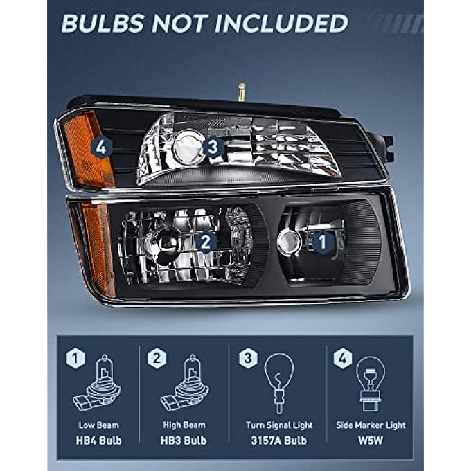 Nilight Headlight Assembly For 2002 2003 2004 2005 2006 Chevy Avalanche With Body Cladding Pickup Truck Replacement Headlamp Black Housing Amber Reflector Driver And Passenger Side 2 Years Warranty - Image 4