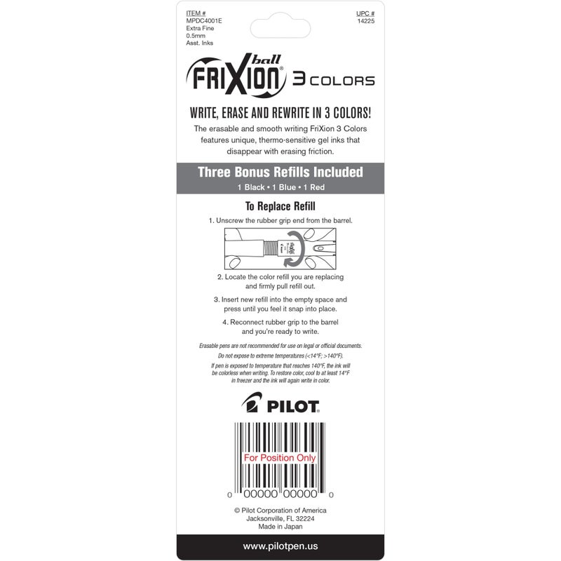PILOT FriXion Ball 3 Erasable Gel Ink Pen, Extra Fine Point (0.5mm), Black/Blue/Red Ink, Single Pen Plus 3 Refills (14225) - Image 2