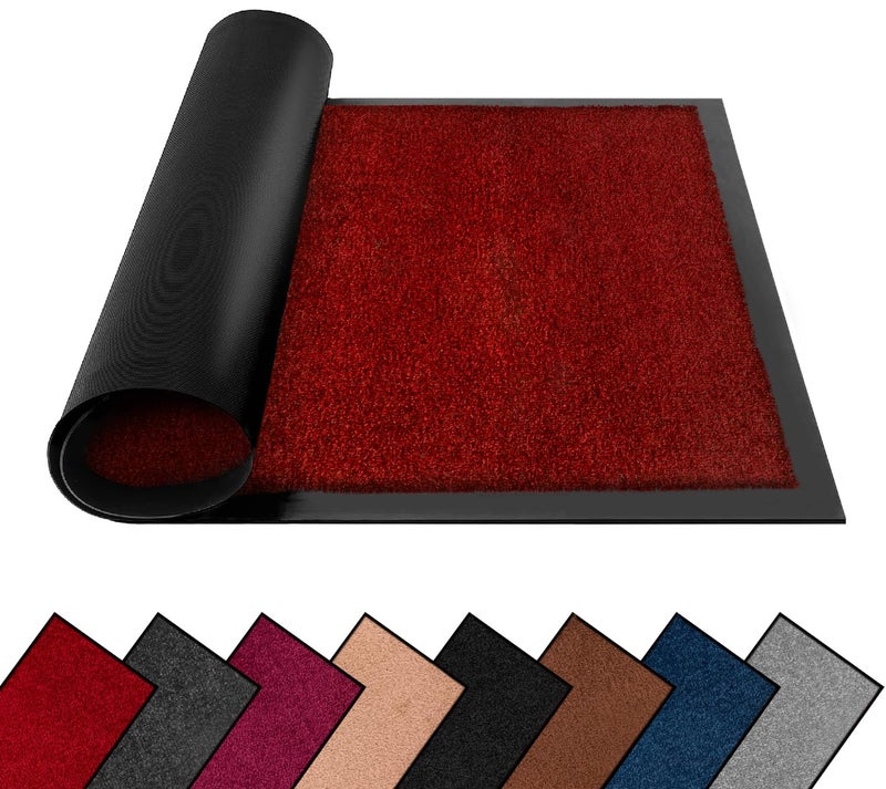 FB FunkyBuys Washable Dirt Trapper Door Mats Indoor  Outdoor Heavy Duty Non Slip Doormats Rubber Backed Floor Mat Super Absorbent Front Door Mat Entrance Rug RedPlain 40cm x 60cm