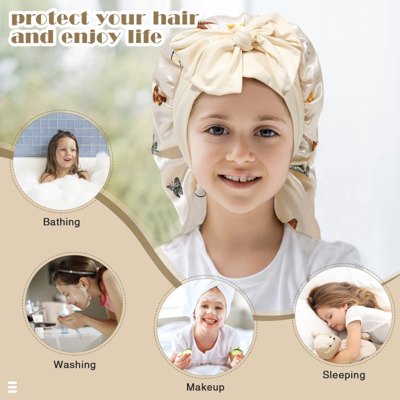 AWAYTR Kids Long Hair Bonnet for Sleeping - Double Layer Girls Elastic Satin Bonnet with Tie Band for Braid Curly Hair (Butterfly+Beige) - Image 5