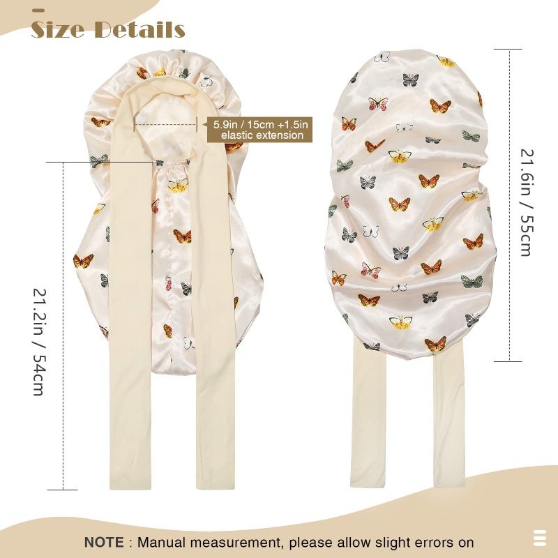 AWAYTR Kids Long Hair Bonnet for Sleeping - Double Layer Girls Elastic Satin Bonnet with Tie Band for Braid Curly Hair (Butterfly+Beige) - Image 3