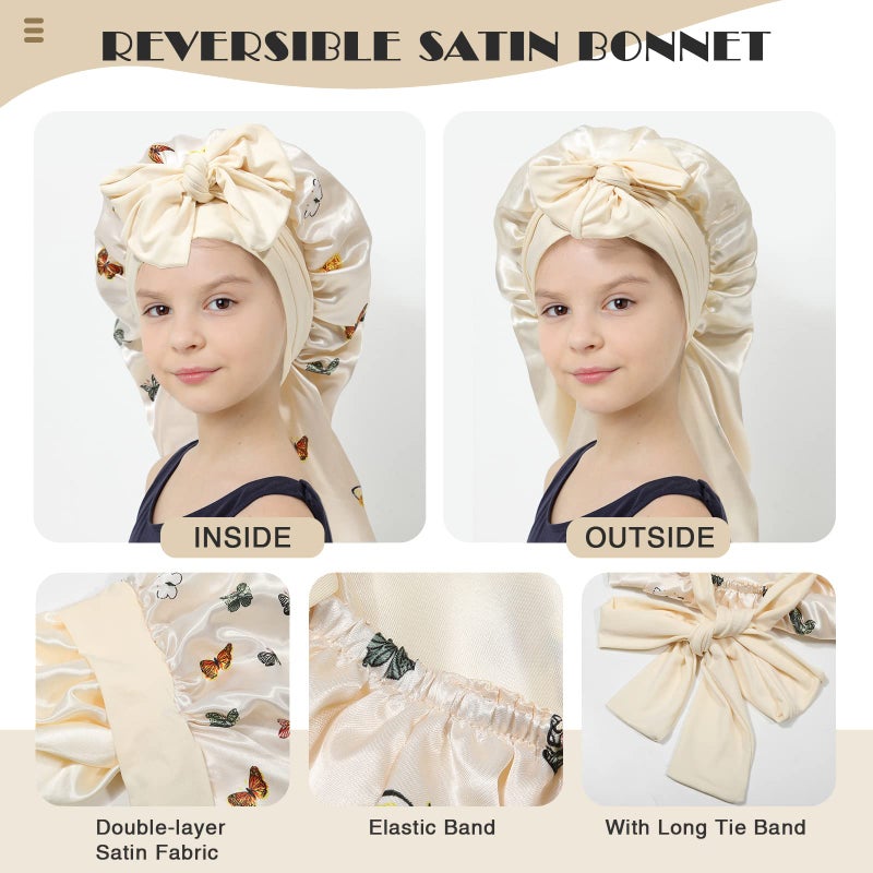 AWAYTR Kids Long Hair Bonnet for Sleeping - Double Layer Girls Elastic Satin Bonnet with Tie Band for Braid Curly Hair (Butterfly+Beige) - Image 2