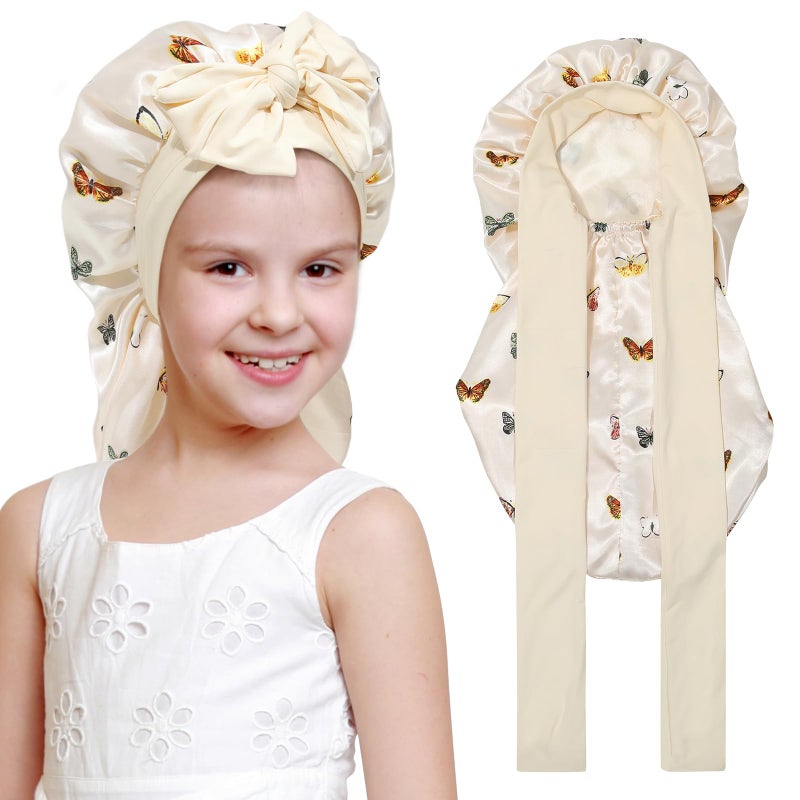 AWAYTR Kids Long Hair Bonnet for Sleeping - Double Layer Girls Elastic Satin Bonnet with Tie Band for Braid Curly Hair (Butterfly+Beige) - Image 1