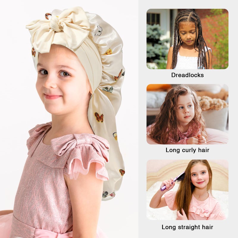 AWAYTR Kids Long Hair Bonnet for Sleeping - Double Layer Girls Elastic Satin Bonnet with Tie Band for Braid Curly Hair (Butterfly+Beige) - Image 4