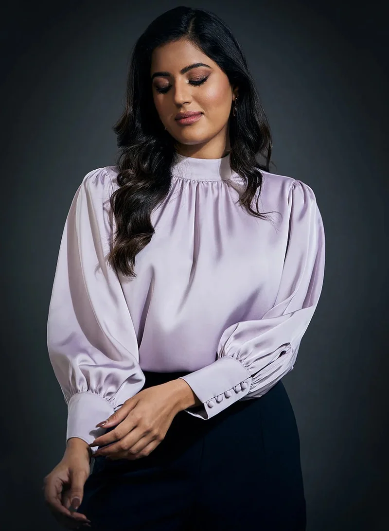 Zigzag High Neck Long Sleeve Button Detailed Satin Top-Light Purple