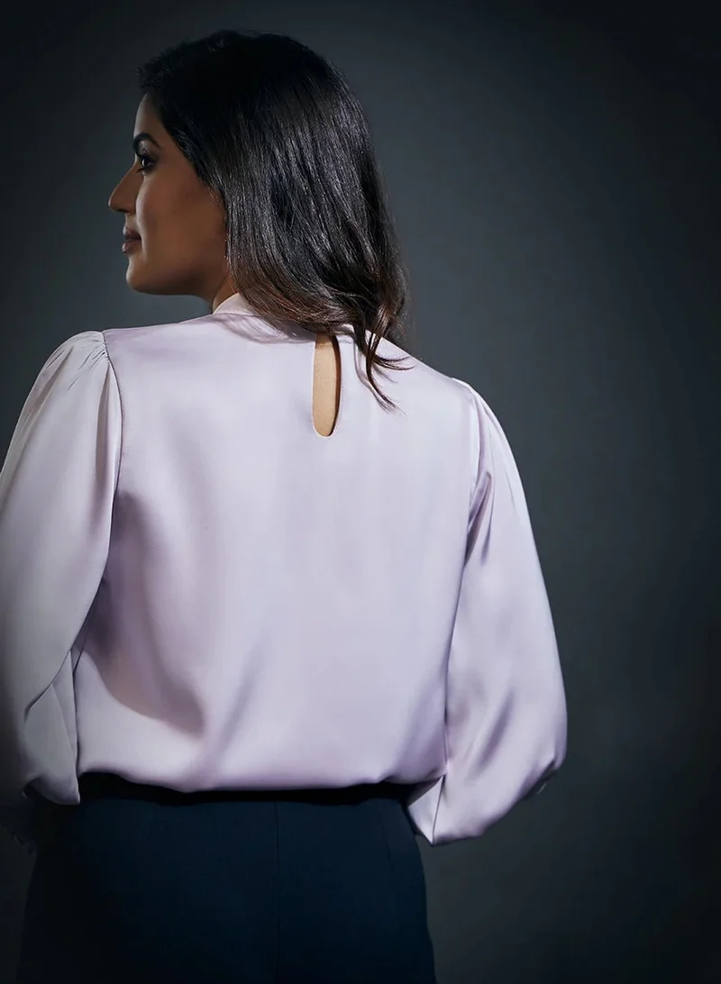 Zigzag High Neck Long Sleeve Button Detailed Satin Top-Light Purple