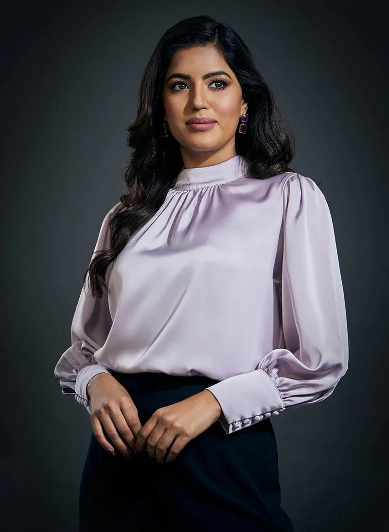 Zigzag High Neck Long Sleeve Button Detailed Satin Top-Light Purple