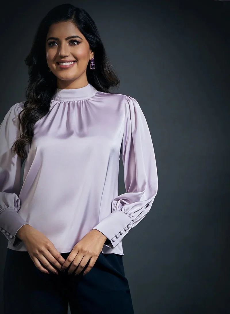 Zigzag High Neck Long Sleeve Button Detailed Satin Top-Light Purple
