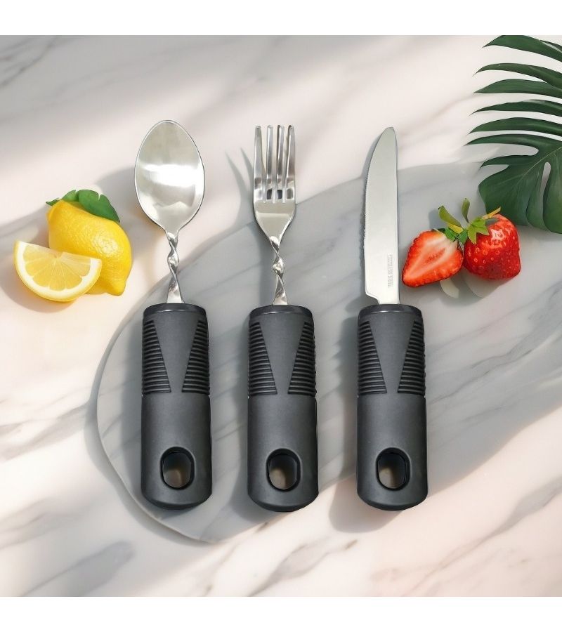 Black Anti Shake Adaptive Eating Utensils Set With Spoon And Fork For Hand Tremors Arthritis Parkinsons Non Slip Portable Bendable Tableware - Image 4