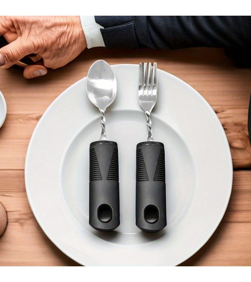 Black Anti Shake Adaptive Eating Utensils Set With Spoon And Fork For Hand Tremors Arthritis Parkinsons Non Slip Portable Bendable Tableware - Image 3