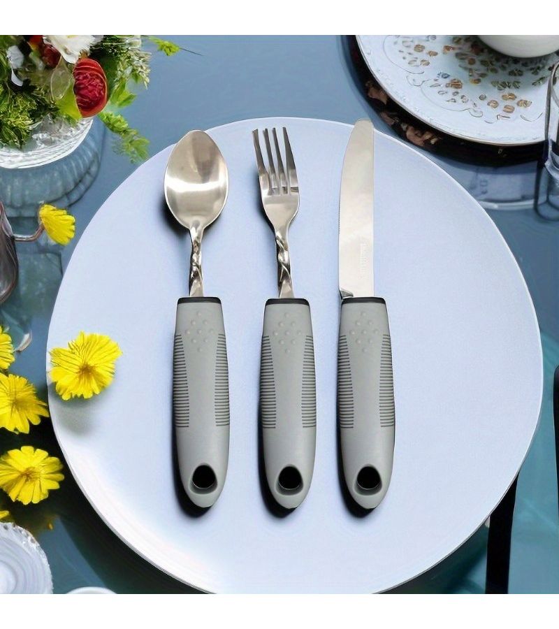 Black Anti Shake Adaptive Eating Utensils Set With Spoon And Fork For Hand Tremors Arthritis Parkinsons Non Slip Portable Bendable Tableware - Image 2