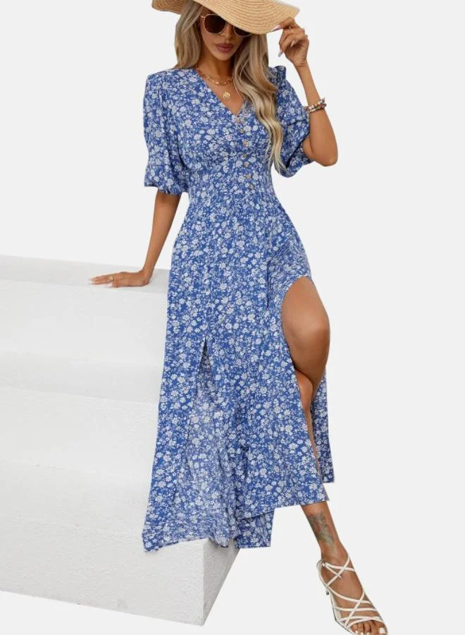 يونيكي Blue & White Floral Print Puff Sleeve Cotton Maxi Dress