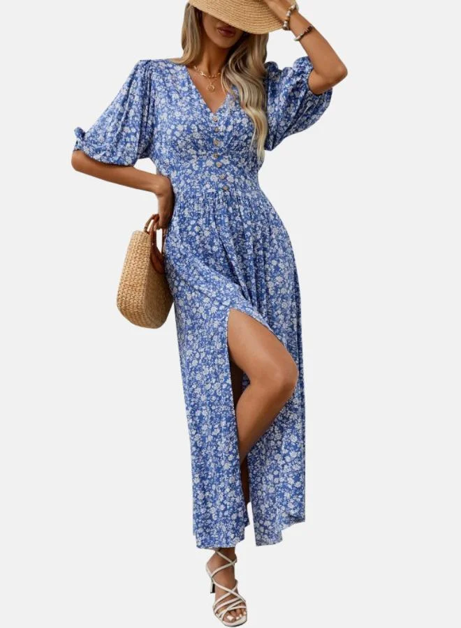يونيكي Blue & White Floral Print Puff Sleeve Cotton Maxi Dress