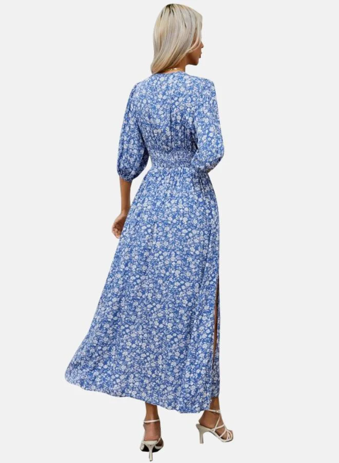يونيكي Blue & White Floral Print Puff Sleeve Cotton Maxi Dress
