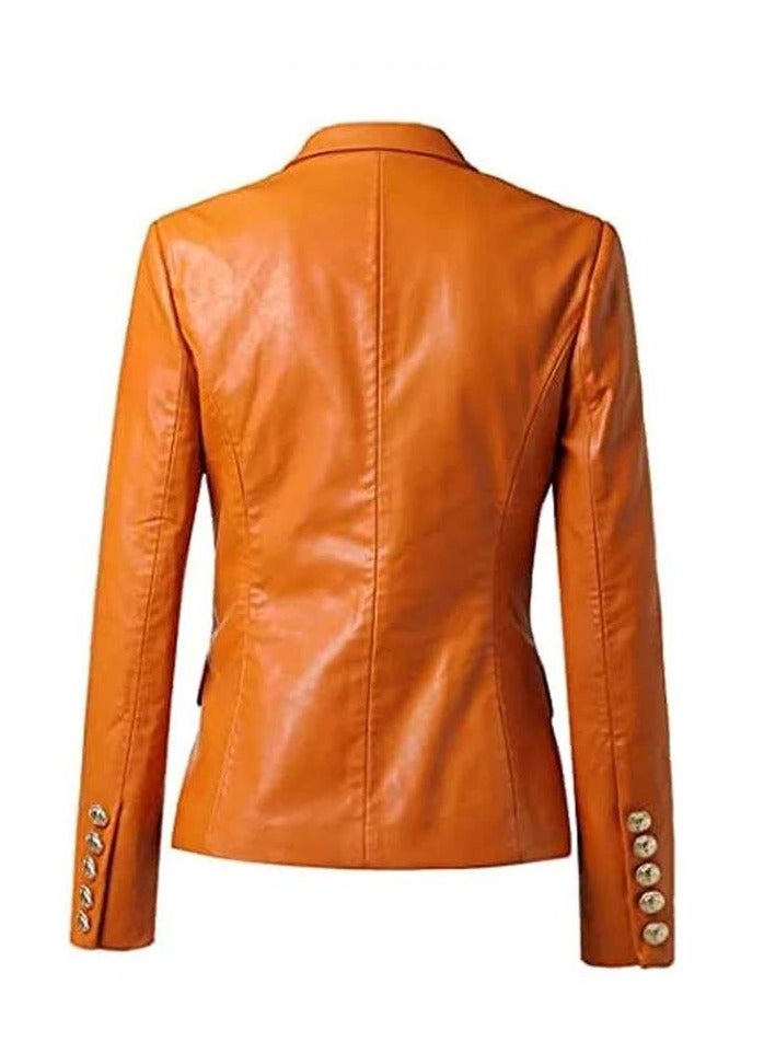 Women's Orange Leather Blazer with Luxe Silver Buttons and Single-Button Closure  - Image 2